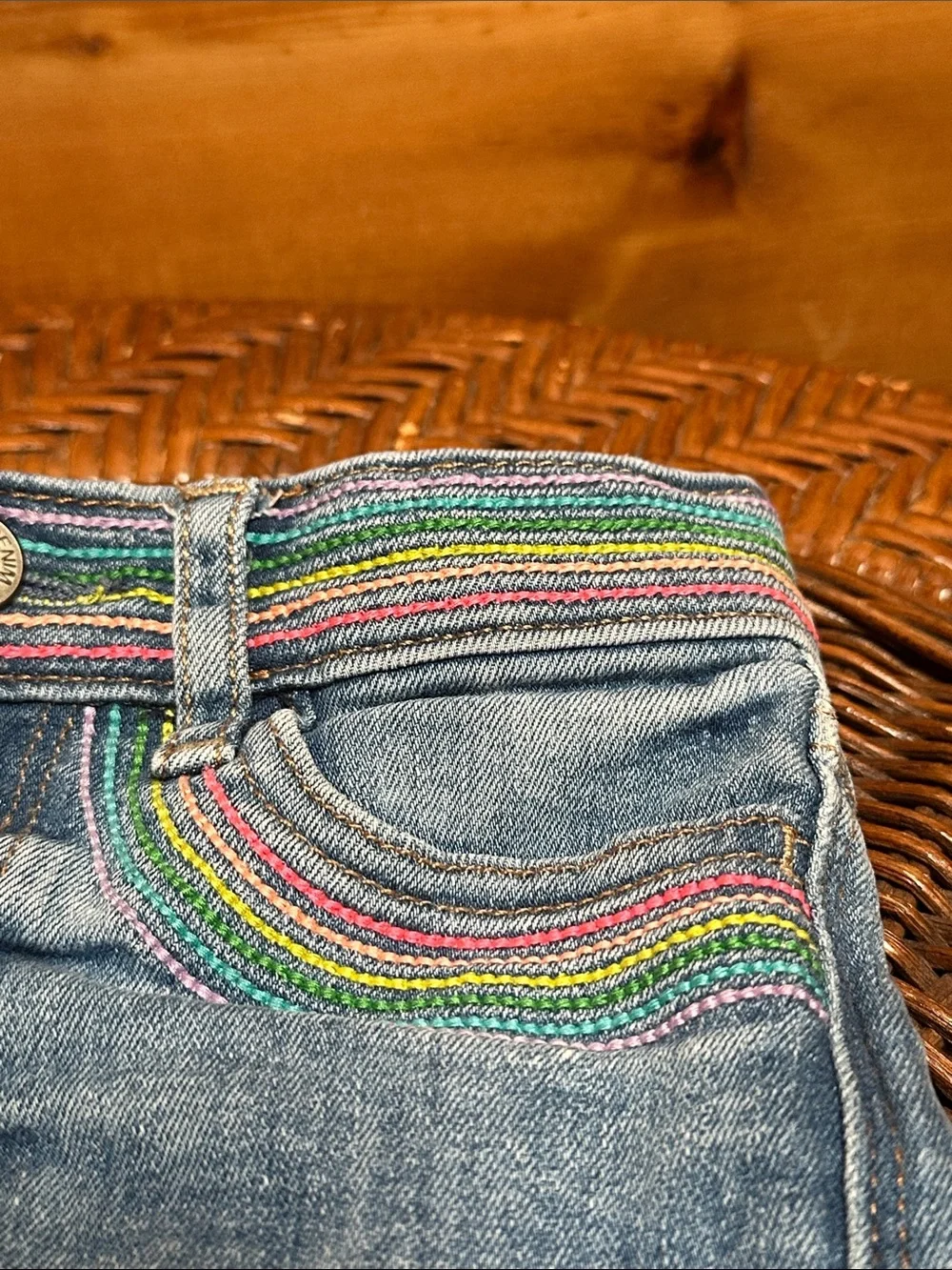 GAP denim rainbow embroidered jean shorts slim patches 5